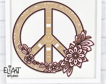 Signo de la paz en capas 3D SVG, archivo de corte de símbolo de la paz, SVG floral para uso comercial.