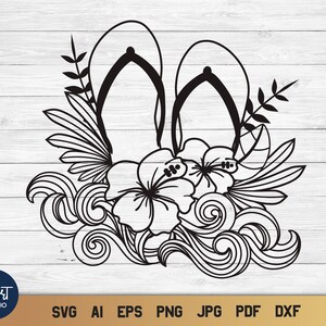 Summer Flip flops SVG with Hibiscus Flower and Ocean Waves Design for T-shirts, Pillows, Mugs, Tote bags and Wall art. Compatible with Cricut and Silhouette Cutting Machines