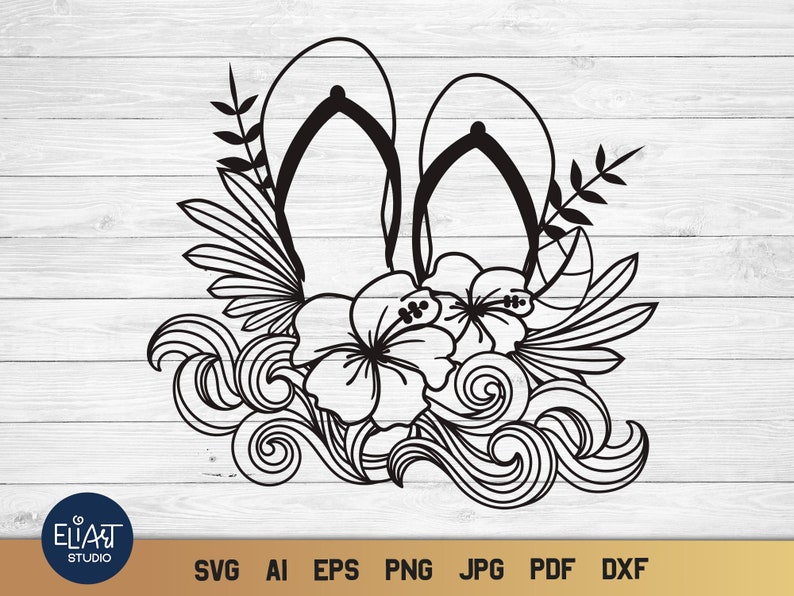 Summer Flip flops SVG with Hibiscus Flower and Ocean Waves Design for T-shirts, Pillows, Mugs, Tote bags and Wall art. Compatible with Cricut and Silhouette Cutting Machines