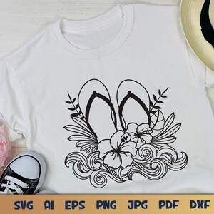 Summer Flip Flops SVG with Hibiscus Flower and Ocean Waves Design for T-shirts, Pillows, Mugs, Tote bags and Wall art. This Hawaiian Beach Design is Compatible with Cricut and Silhouette Cutting Machines