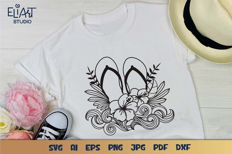 Summer Flip Flops SVG with Hibiscus Flower and Ocean Waves Design for T-shirts, Pillows, Mugs, Tote bags and Wall art. This Hawaiian Beach Design is Compatible with Cricut and Silhouette Cutting Machines