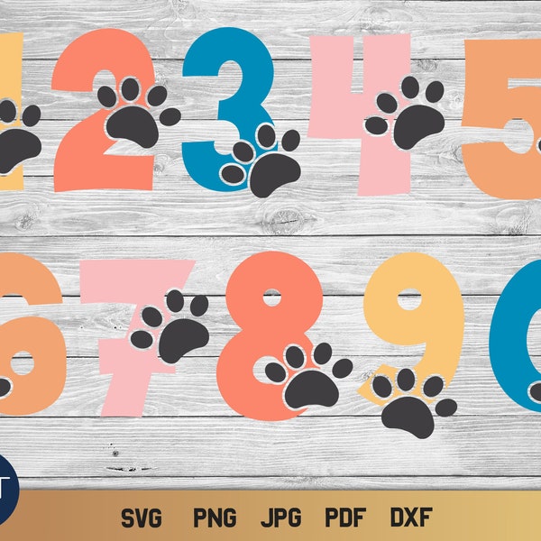 Numbers SVG, Paw Print Number SVG, Birthday Party Decor.