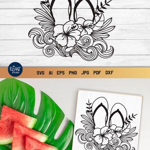 Summer Flip Flops SVG with Hibiscus Flower and Ocean Waves Design for T-shirts, Pillows, Mugs, Tote bags and Wall art. This Hawaiian Beach Design is Compatible with Cricut and Silhouette Cutting Machines