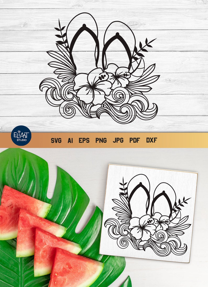 Summer Flip Flops SVG with Hibiscus Flower and Ocean Waves Design for T-shirts, Pillows, Mugs, Tote bags and Wall art. This Hawaiian Beach Design is Compatible with Cricut and Silhouette Cutting Machines