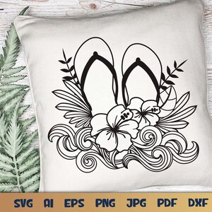 Beach Flip flops SVG with Hibiscus and Ocean Waves Design for T-shirts, Pillows, Mugs, Tote bags and Wall art. Compatible with Cricut and Silhouette Cutting Machines