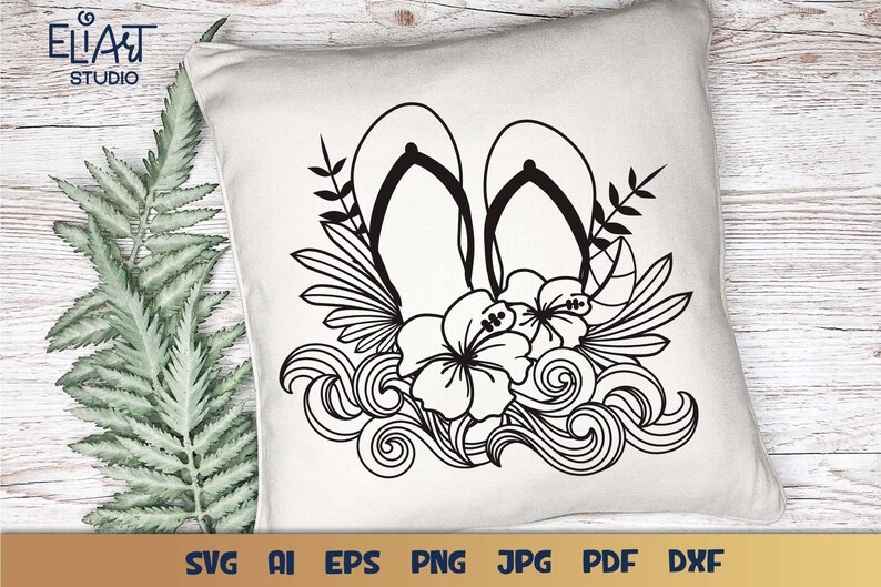 Beach Flip flops SVG with Hibiscus and Ocean Waves Design for T-shirts, Pillows, Mugs, Tote bags and Wall art. Compatible with Cricut and Silhouette Cutting Machines