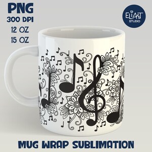Floral Music Mug Sublimation, Treble Clef Full Mug Wrap Sublimation, Mug Sublimation with Music Notes.