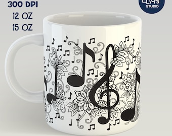 Sublimación de tazas con música floral, Sublimación de tazas con clave de sol, Sublimación de tazas con notas musicales.