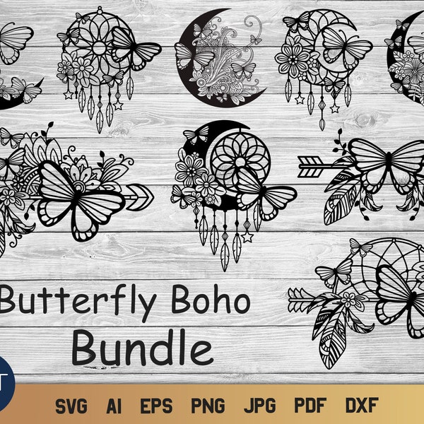 Butterfly Boho Bundle SVG, Tribal SVG Moon Dream Catcher, Floral Arrow PNG Designs.