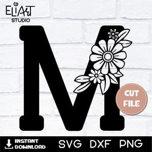 Letra floral M SVG, Letra monograma SVG, Alfabeto floral SVG.