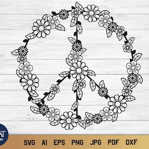 Signe de paix SVG Design, Symbole de paix floral PNG, Design de signe de paix d’été.