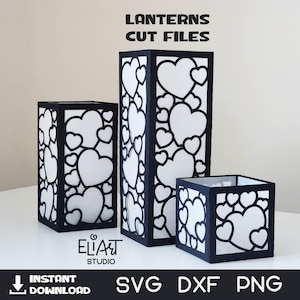 Puede incluir: Tres faroles en forma de corazón en blanco y negro de varios tamaños. Los faroles son archivos de corte, con el texto "LANTERNS CUT FILES" en la parte superior. La parte inferior de la imagen incluye el texto "SVG DXF PNG" y "INSTANT DOWNLOAD".
