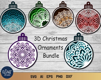 May include: Set of six 3D Christmas ornaments with intricate mandala designs. The ornaments are in shades of blue, green, purple, brown, and red. The ornaments are layered to create a 3D effect. The text "3D Christmas Ornaments Bundle" is displayed below the ornaments.