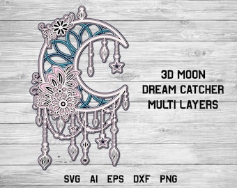 3d Layered Moon Dream Catcher SVG, Boho Cut File con 7 capas, Crescent Moon svg.