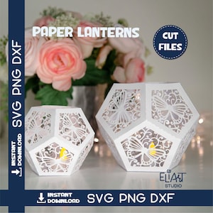 Linterna de papel con mariposas SVG, linterna con forma de pentágono SVG 3D, portavelas de mariposa de verano.