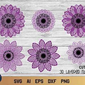 Pacchetto floreale SVG, fiore a strati SVG 3D, mandala SVG.