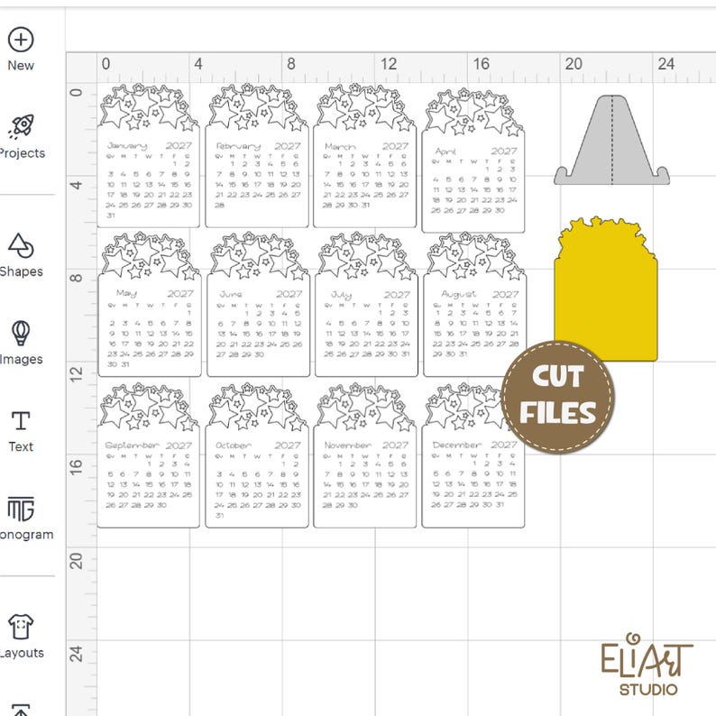 2027 Calendar SVG, Desktop Calendar SVG, Mini Desk Calendar SVG, Calendar with Stars, Print Then Cut Calendar, 2027 Calendar Template.