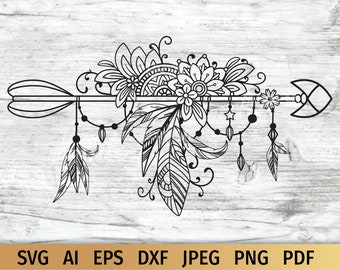 May include: Black and white line art design of an arrow with feathers and floral details. The arrow is adorned with beads and a star.