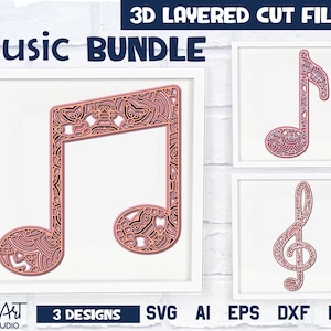 Muziek SVG-bundel, 3D gelaagde muzieknoten SVG, muziek Mandala gesneden bestanden.