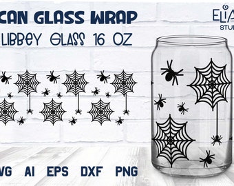 Halloween Libbey Glass Can SVG, Spooky Beer Glass Can Wrap, 16 OZ Libbey Glass Halloween Spider PNG.