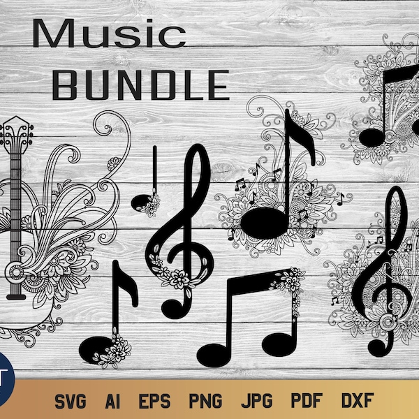 Music Bundle SVG, Treble Clef SVG, Music Notes SVG with Flowers.