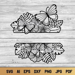 May include: Black and white floral and butterfly design. The design features two rectangular frames with detailed illustrations of butterflies, flowers, and leaves. The image is set against a light wood grain background. The bottom of the image includes file type abbreviations.