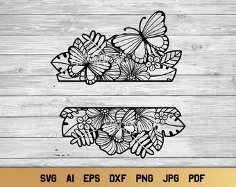 Split Floral Monogram SVG, Floral Monogram SVG, Split Flower Mandala SVG con Mariposas.