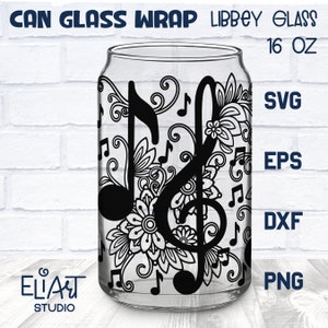 Musical Libbey Can Wrap SVG, Musical Notes Beer Glass Can Wrap, 16 OZ Libbey Glass Treble Clef PNG.