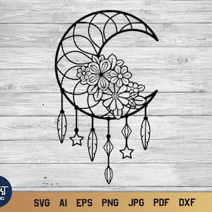 Łapacz snów Moon SVG, Boho Dreamer SVG, Kwiatowy letni łapacz snów SVG.