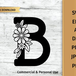 Floral Letter B svg, Flower Alphabet SVG, Eerste SVG Commercieel Gebruik.