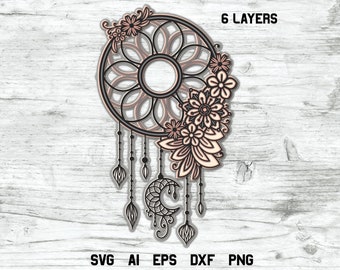Dream Catcher SVG 3d en capas, Boho Dreamer SVG, archivo cortado con 6 capas, diseño ultra intrincado, uso personal y comercial