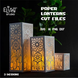 Boho Lanterna di carta SVG, Lanterna 3d SVG con acchiappasogni, Portacandele a LED.