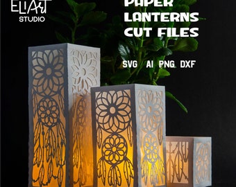 Linterna de papel bohemia SVG, linterna 3D SVG con atrapasueños, candelabro LED.