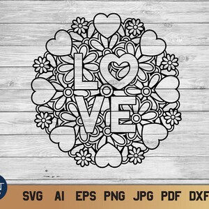 Mandala SVG con cuori e fiori, Love SVG Valentines Day Design, File digitale con uso commerciale.