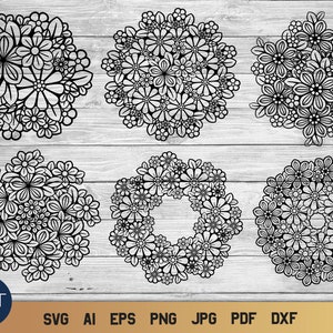 May include: Six black and white floral wreath designs. The wreaths are made up of small flowers and leaves. The wreaths are perfect for crafting projects, scrapbooking, and more.