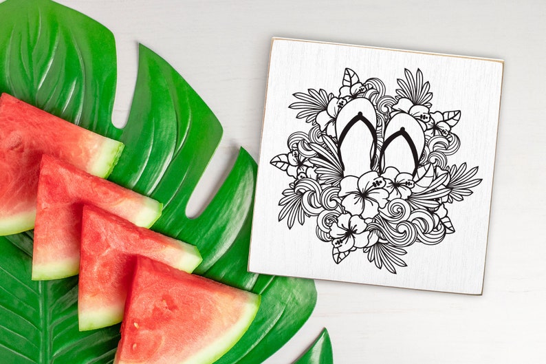 Summer Flip flops SVG with Hibiscus Flower and Ocean Waves Design for T-shirts, Pillows, Mugs, Tote bags and Wall art. Compatible with Cricut and Silhouette Cutting Machines