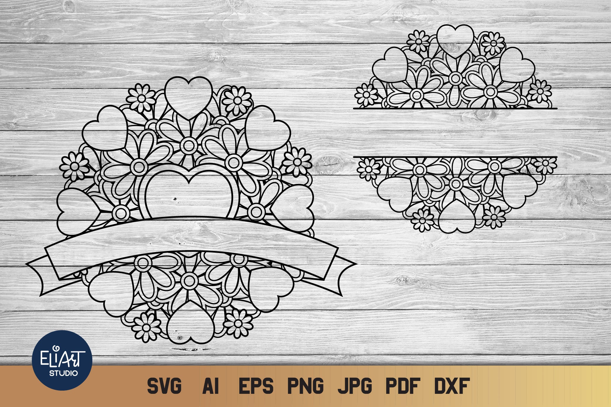 Heart Mandala SVG With Flowers, Love Circle and Split Monogram SVG, 5 ...