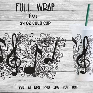 Muziek notities SVG Cup Wrap, muziekleraar SVG, Solsleutel SVG.