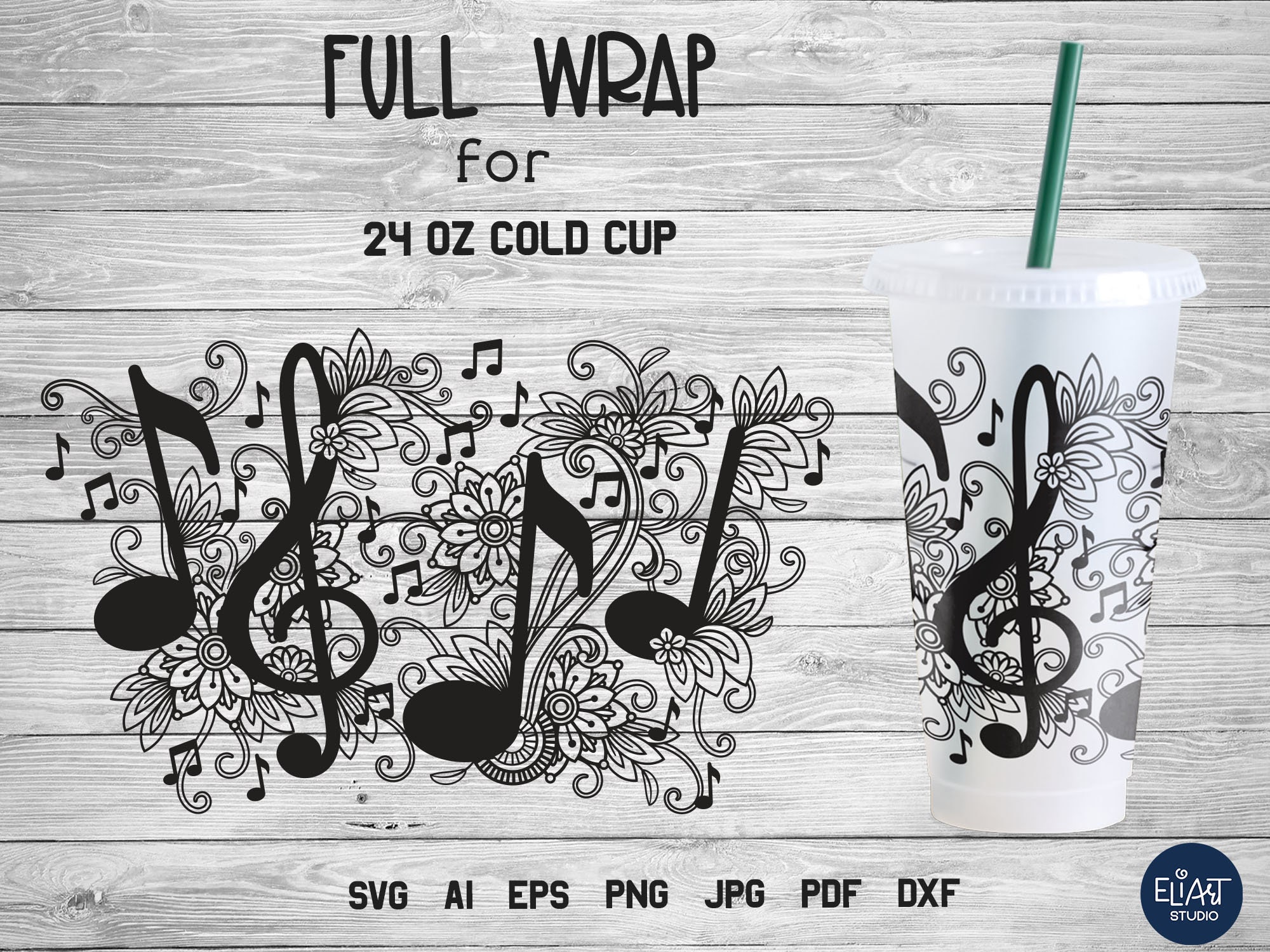 Music SVG Floral Cup Wrap SVG Treble Clef SVG. - Etsy