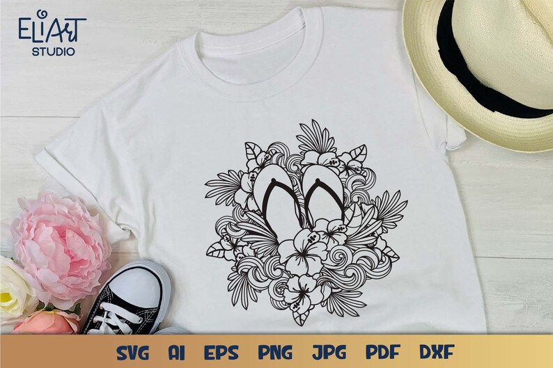 Summer Flip flops SVG with Hibiscus Flower and Ocean Waves Design for T-shirts, Pillows, Mugs, Tote bags and Wall art. Compatible with Cricut and Silhouette Cutting Machines