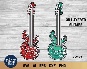 Guitarra SVG, Guitarra de rock en capas 3D SVG, Archivos de corte SVG para profesores de música.