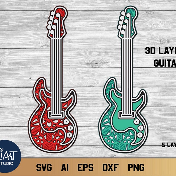 Guitar SVG, 3D Layered Rock Guitar SVG, Music Teacher SVG Cutting Files.
