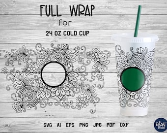 Op de afbeelding: Zwart-wit bloemenontwerp voor een 24 ounce koude beker. Het ontwerp bevat ingewikkelde swirls en bloemen. Het ontwerp wordt getoond op een witte beker met een groene cirkel in het midden. De tekst "FULL WRAP for 24 OZ COLD CUP" staat bovenaan de afbeelding. De tekst "SVG AI EPS PNG JPG PDF DXF" staat onderaan de afbeelding.