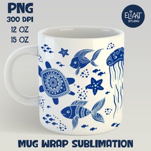 Sea Creatures Mug Sublimation, Ocean Animals Full Mug Wrap, Underwater World Coffee Mug Sublimation.