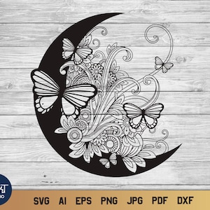 Floral Moon SVG, Butterflies SVG, Crescent Moon SVG with Flowers.