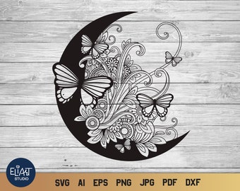 Luna Floral SVG, Mariposas SVG, Luna Creciente SVG con Flores.