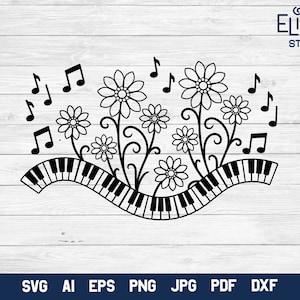 May include: Black and white illustration of a piano keyboard with musical notes and flowers. The piano keyboard is curved and the flowers are stylized with swirls.
