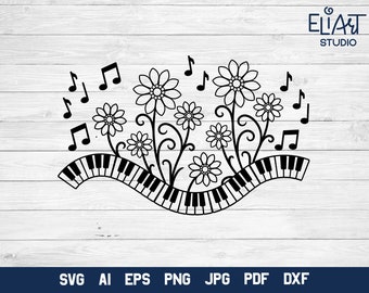Diseño SVG de teclado musical, flores con notas musicales, ilustración floral PNG de música.
