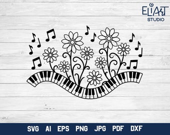 Music Keyboard SVG Design, Flowers with Music Notes, Music PNG Floral Illustration.