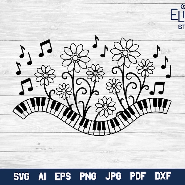 Music Keyboard SVG Design, Flowers with Music Notes, Music PNG Floral Illustration.